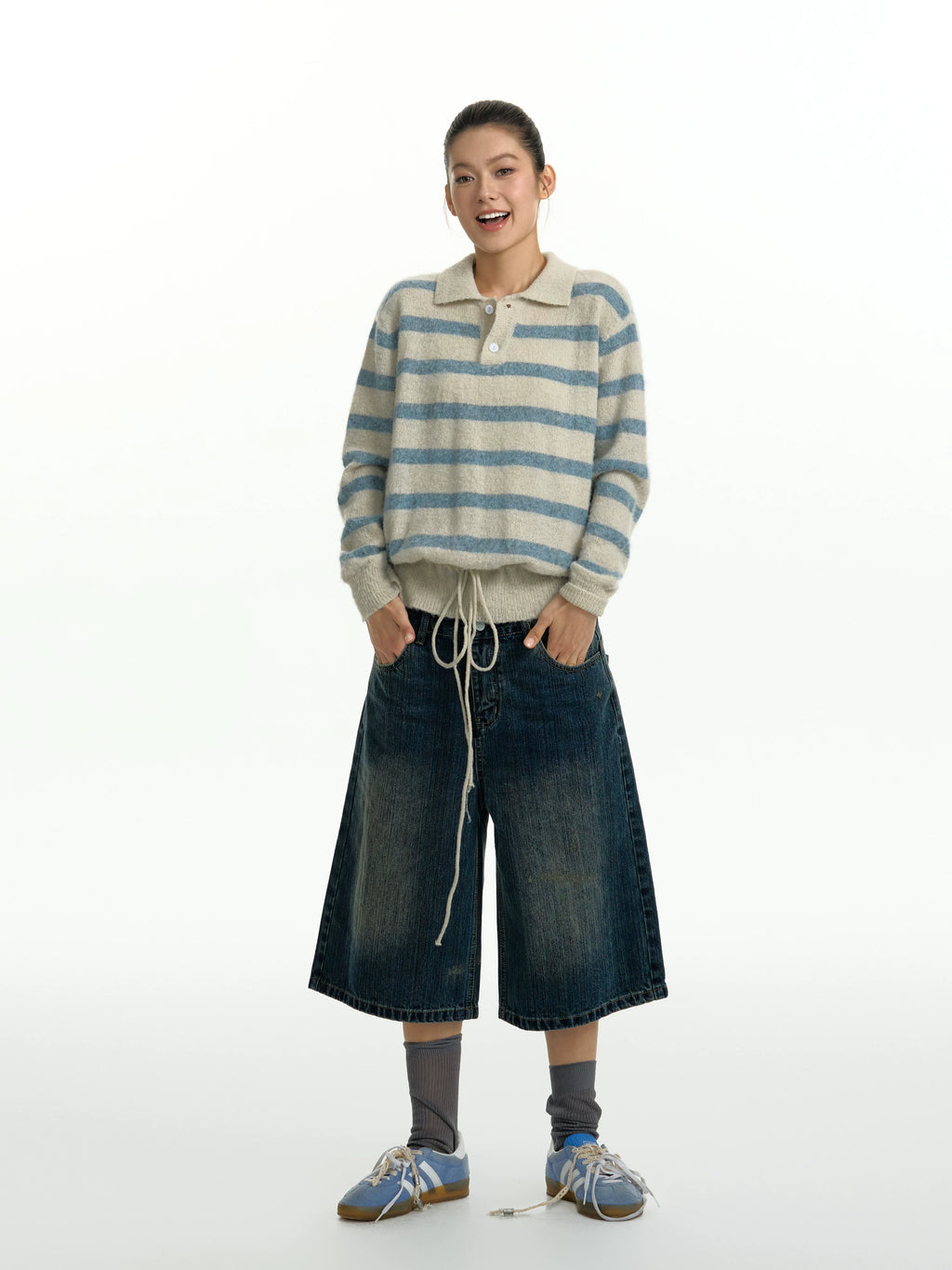 TGNS POLO Neck Drawstring Waist Striped Knitted Sweater
