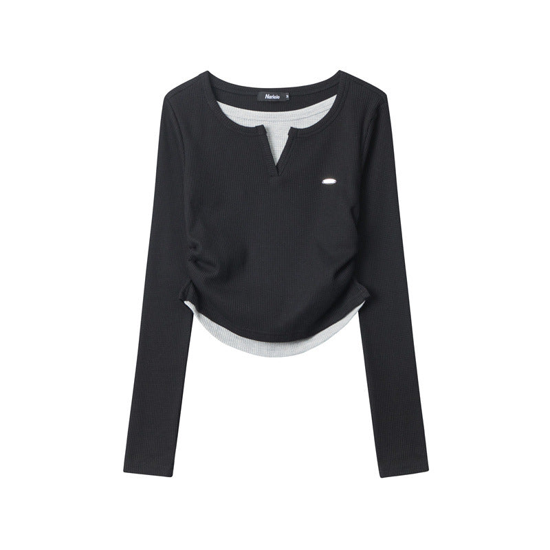 Nariele Fake Two V-neck Pleats Waist Slim Long Sleeves
