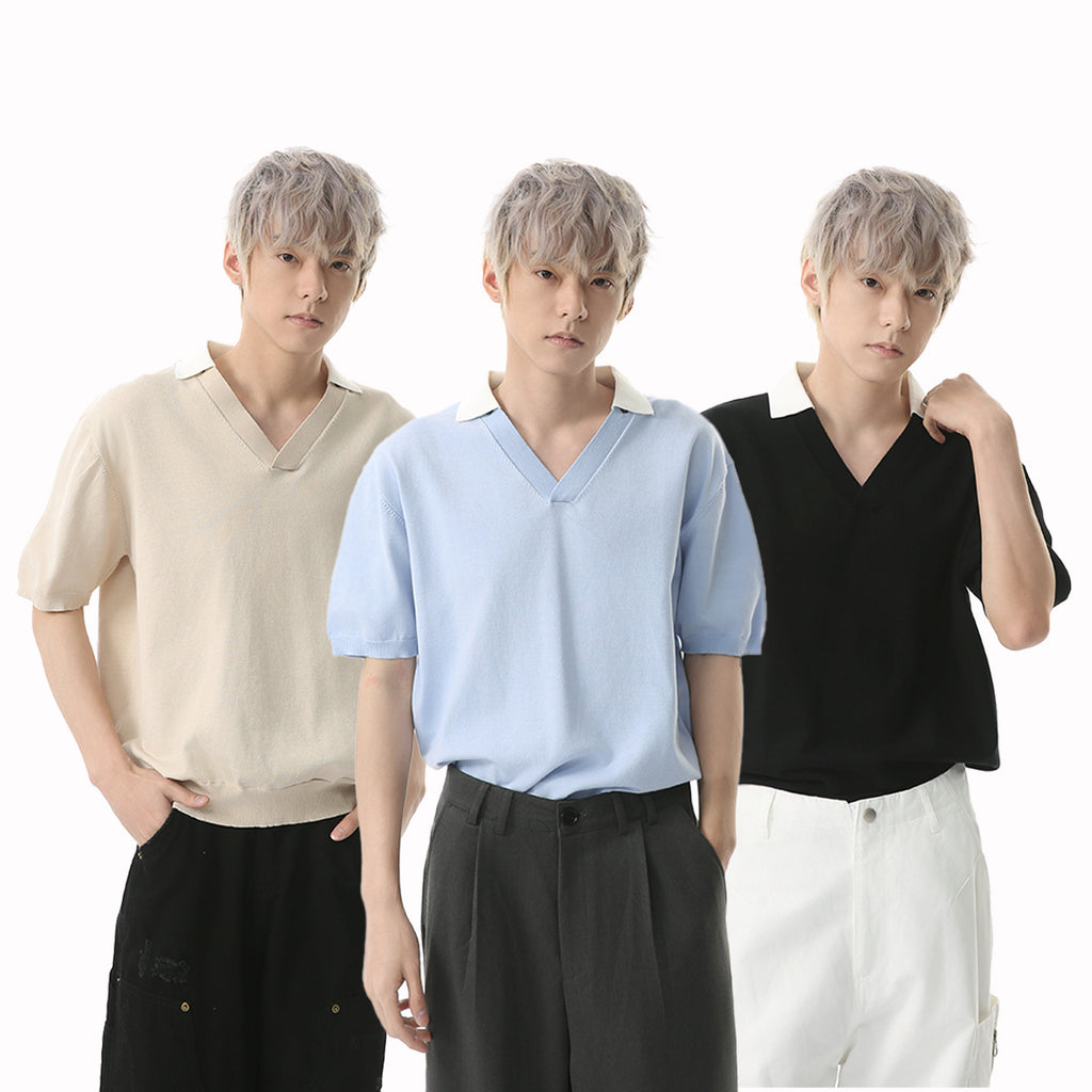 MTLCLOTHES Simple V-neck Knitted Polo Shirt