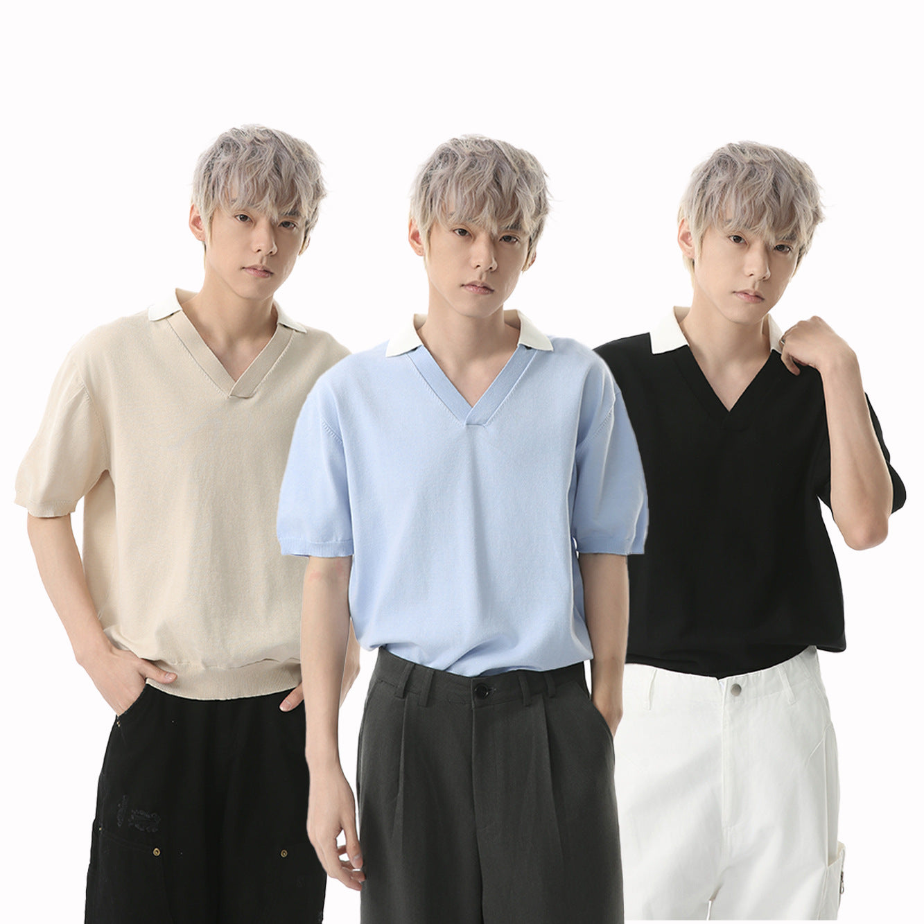 MTLCLOTHES Simple V-neck Knitted Polo Shirt