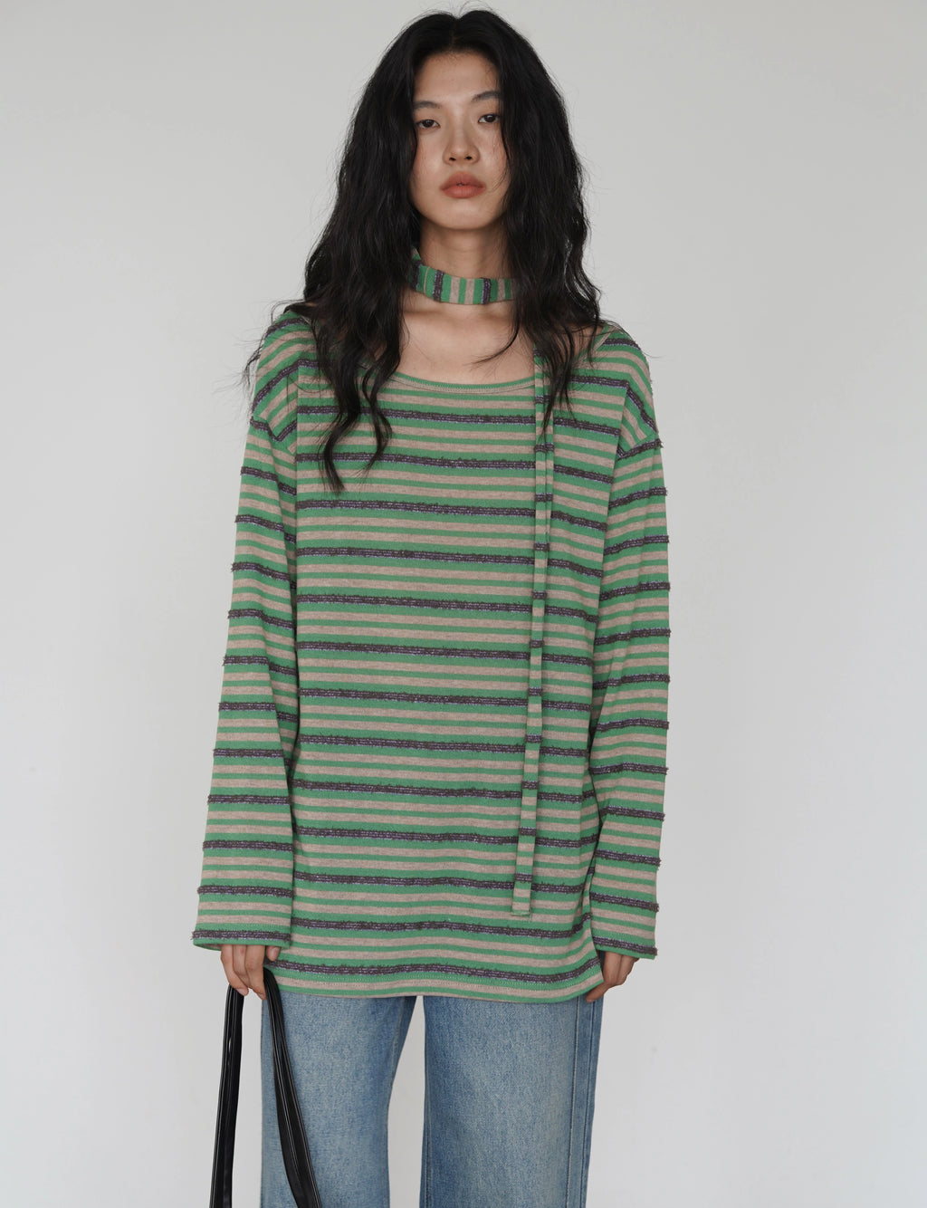 EIGHTHMONTH Striped Off-the-shoulder Streamer Casual Long Sleeve