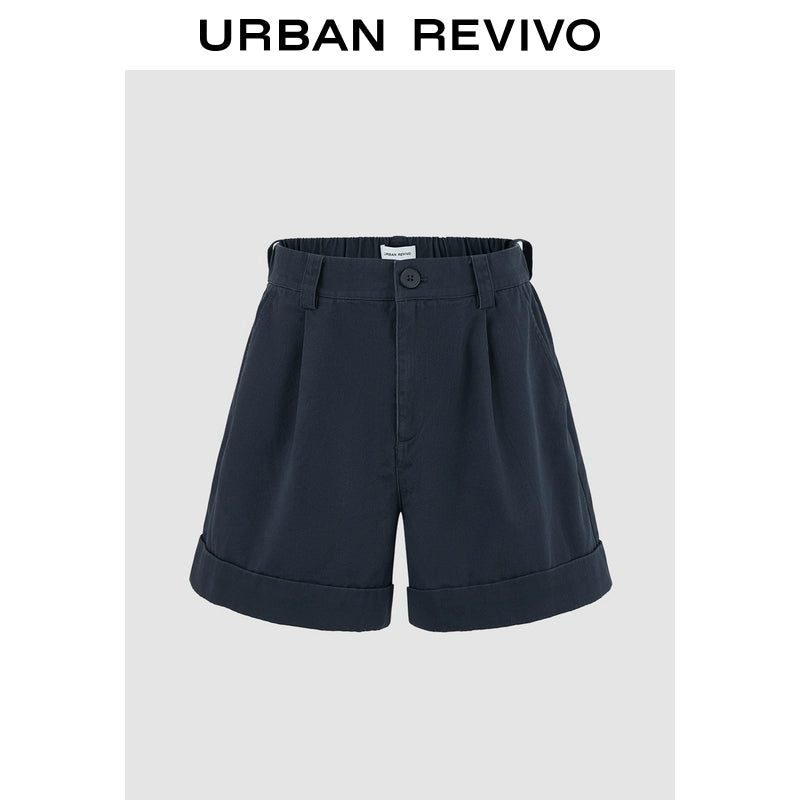 URBAN REVIVO Casual Minimalist Back Elastic Waist Hemmed Shorts