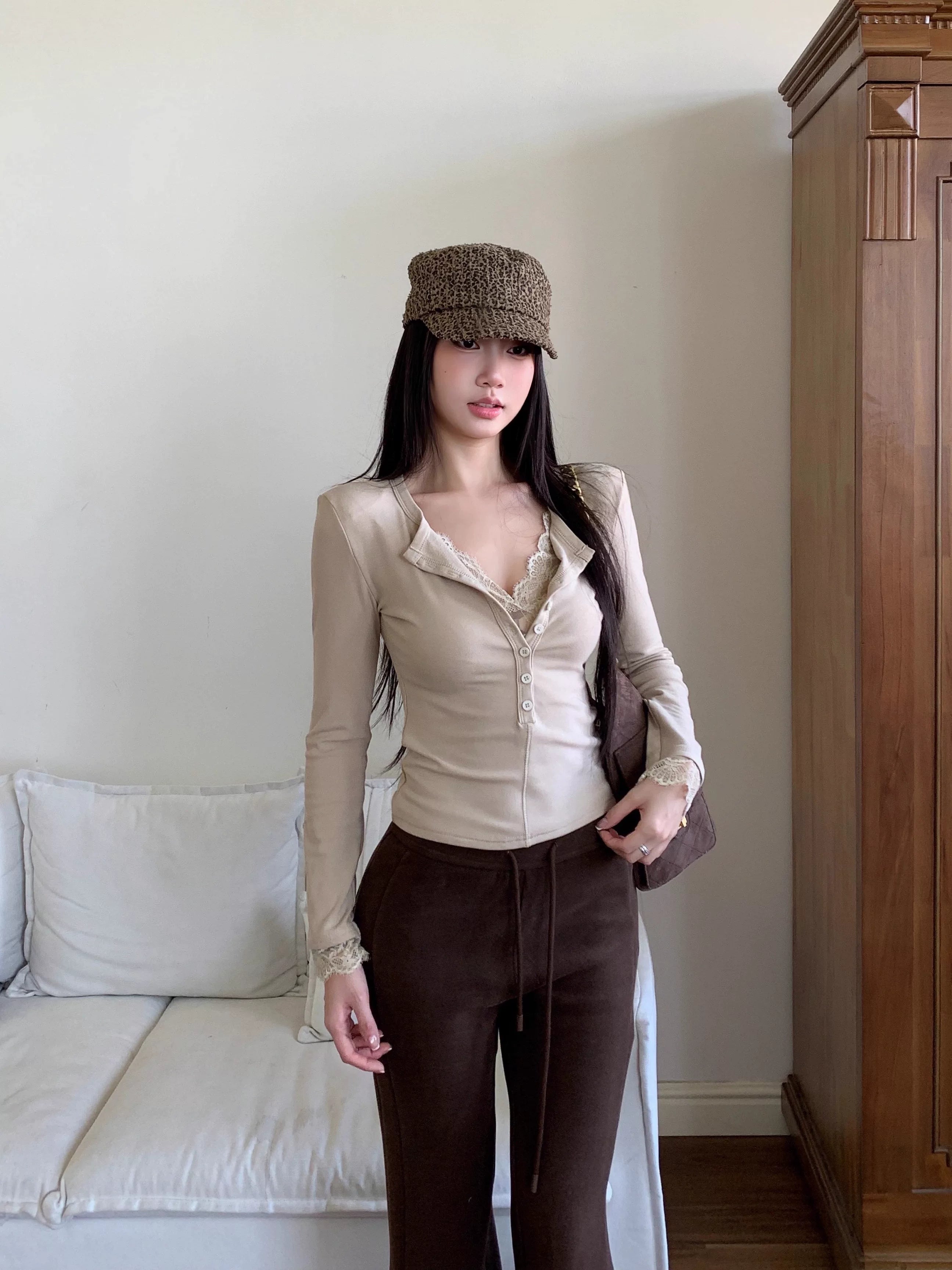 WITHMIN Slim Lace Fake Two Pieces Skinny Long Sleeves