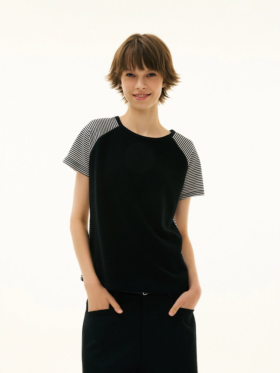 FUNKYFUN Pinstripe Contrasting Patchwork Shoulder Tee