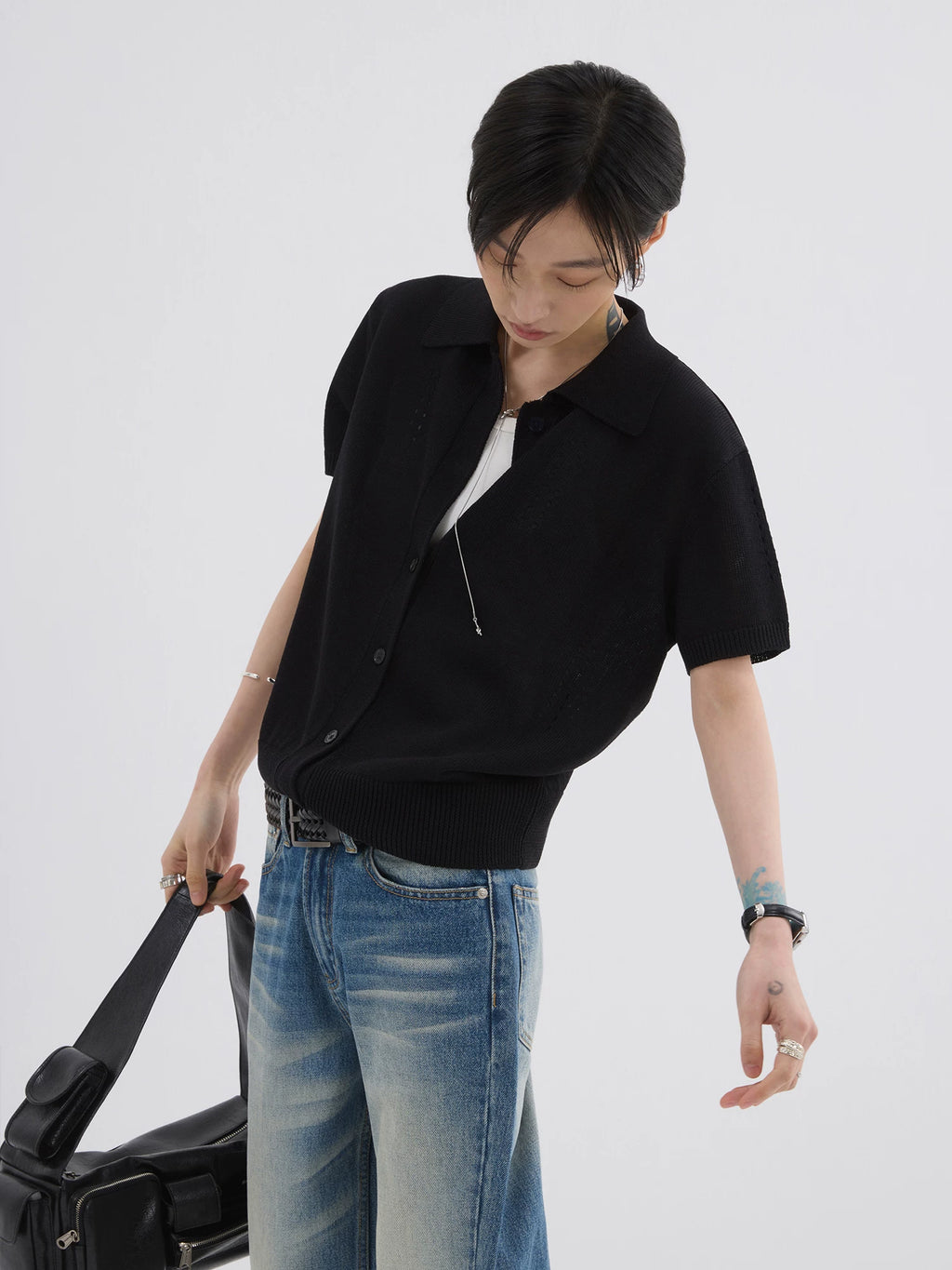Sameuoo Skeleton Knitted Casual Polo Shirt