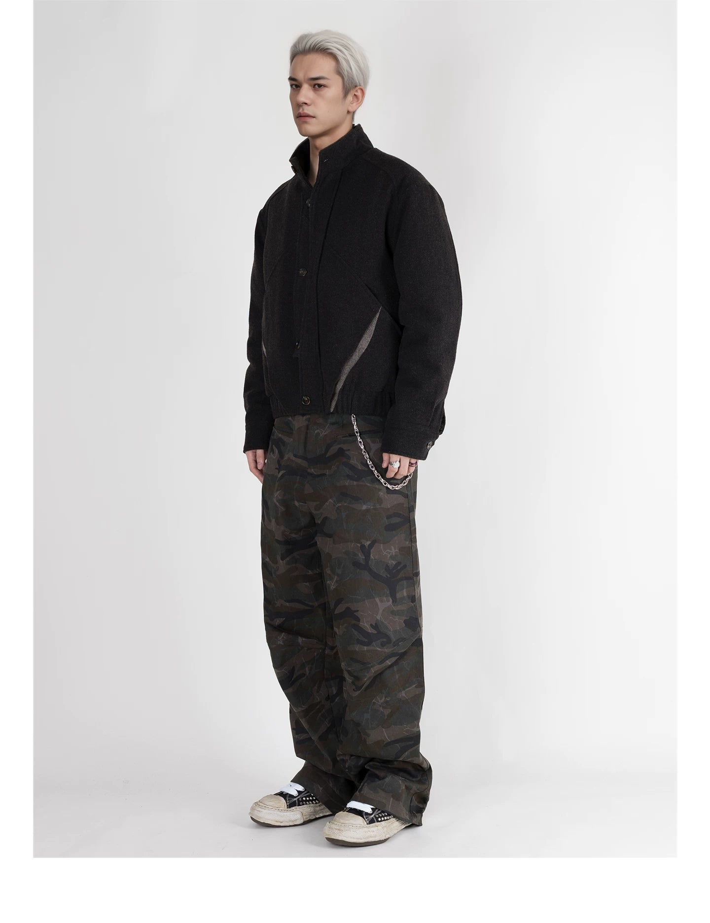 PERDU Double Placket Deconstruction Wool Splicing Stand-up Collar Color Matching Cotton Clothes