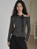 EIGHTHMONTH Striped Off-the-shoulder Strap Korean Long Sleeve