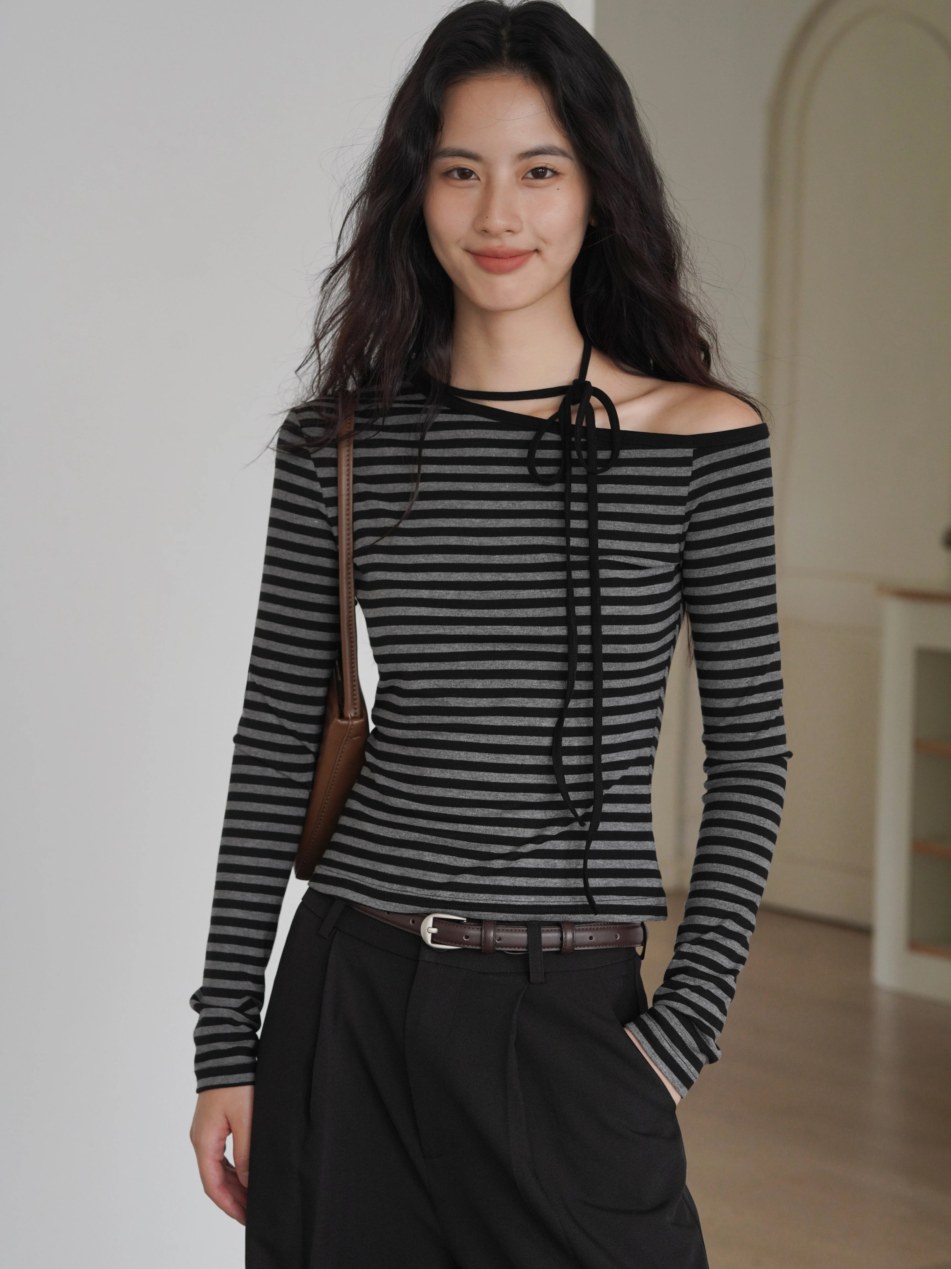 EIGHTHMONTH Striped Off-the-shoulder Strap Korean Long Sleeve