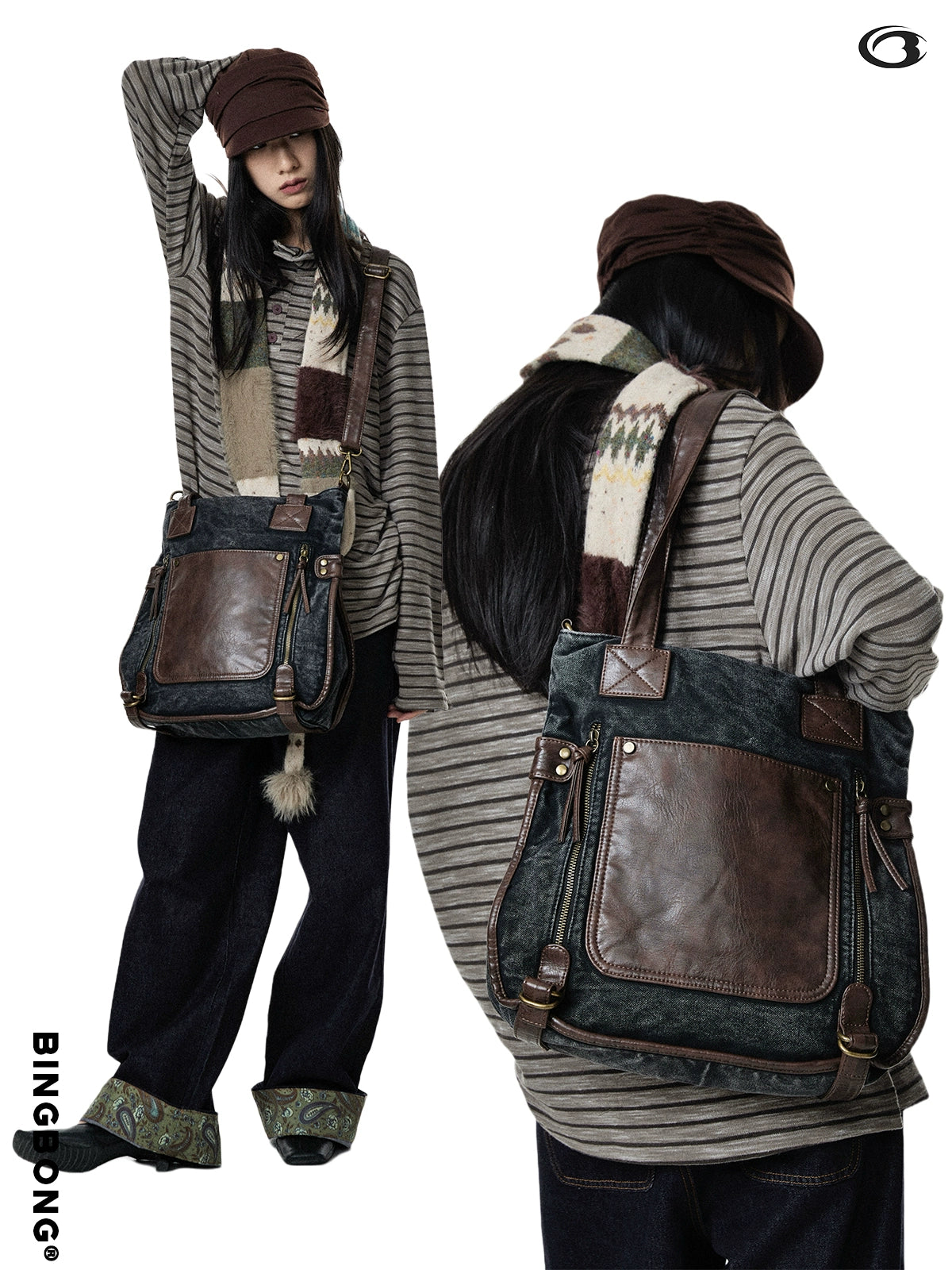 BINGBONG Retro Shoulder Tote Bag Dual-purpose Portable Messenger Bag