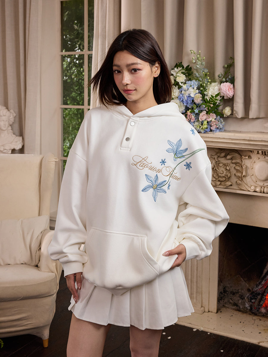 Harshandcruel HACR Chinese Over-the-Shoulder Blue Floral Embroidery Hoodie