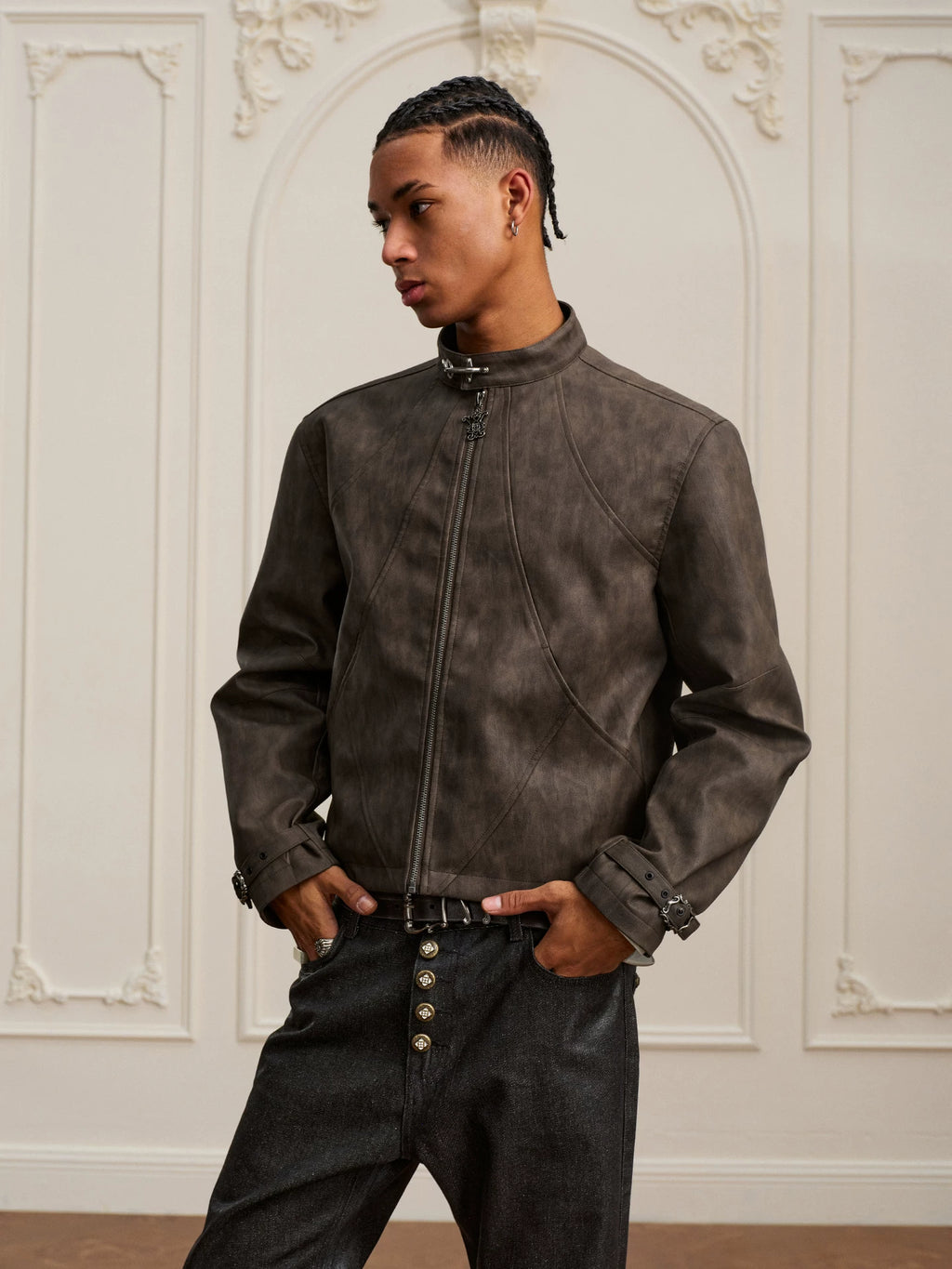 YADcrew Washed Mottled Aircraft Buckle Scimitar Locomotive Leather Jacket