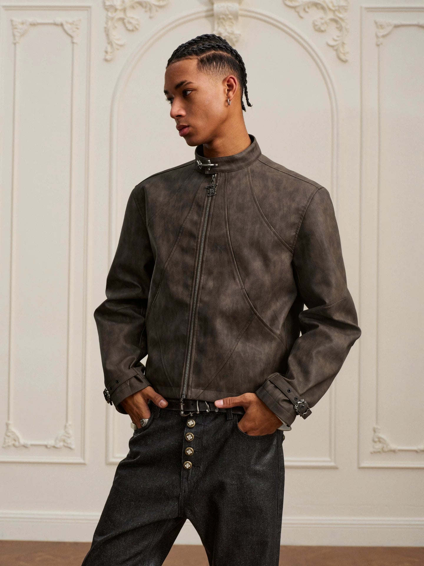 YADcrew Washed Mottled Aircraft Buckle Scimitar Locomotive Leather Jacket
