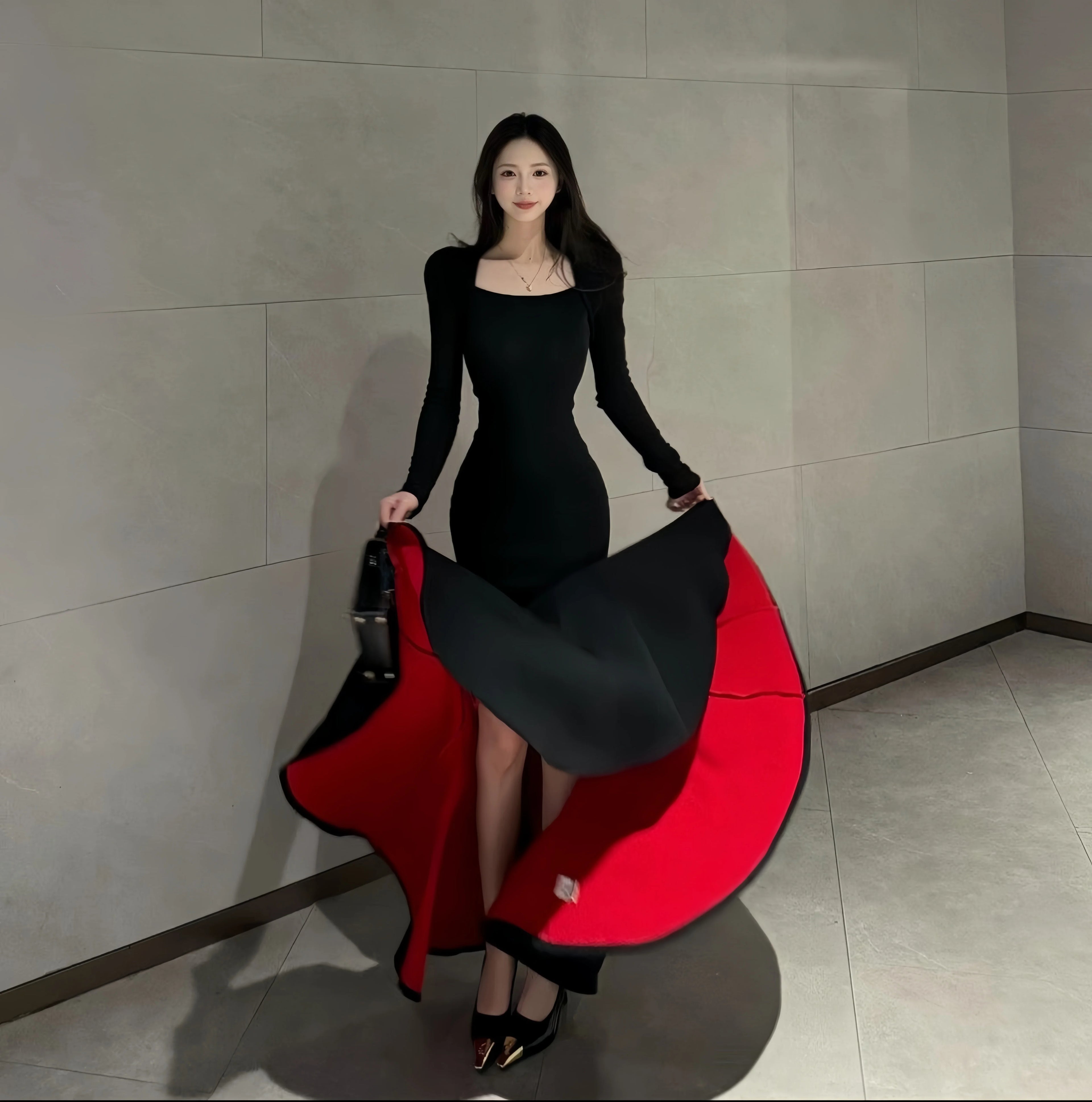 Instunning Square Neck Long Sleeve Waist High-end Dress
