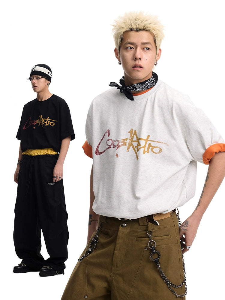 CoosRetro Retro Front and Rear Logo Print Casual Short Sleeve