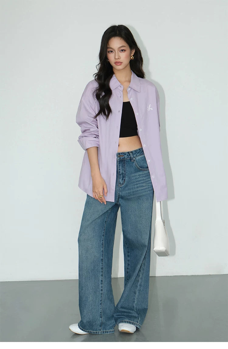 NEVA HU Embroidered Design Versatile Long-sleeved Shirt