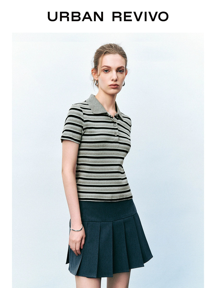 URBAN REVIVO College Color Contrasting Striped T-shirt Polo Shirt