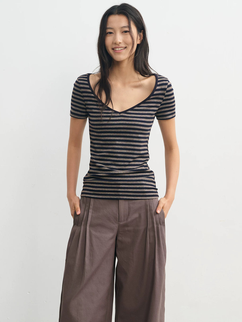 LINY LIBERTY Vintage Contrasting Stripes Loose Waist Tee