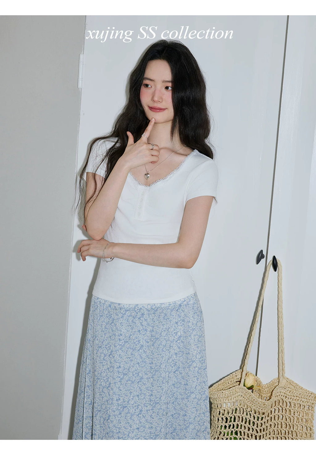 XUJING Front Shoulder Lace Slim Slim Tee