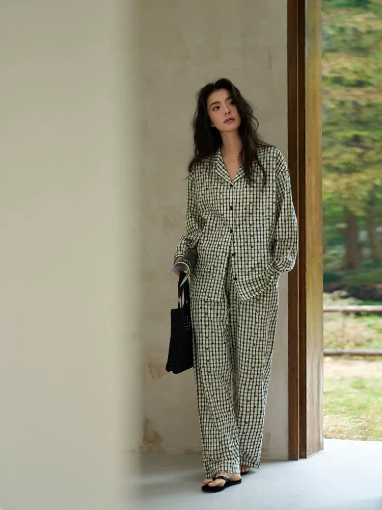 YUENEI Plaid Cotton Long-sleeved Trousers Pajamas