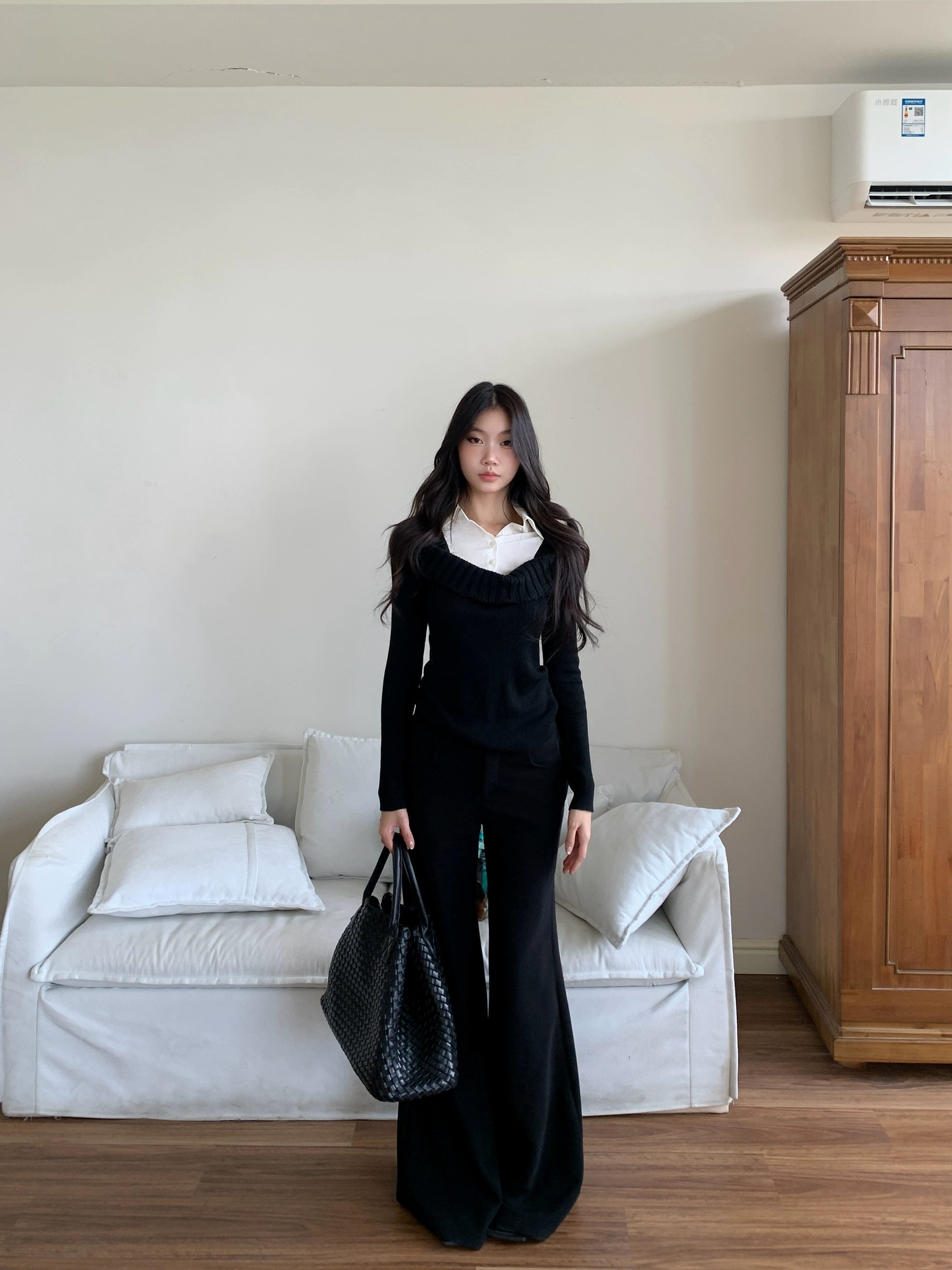 WITHMIN Slim and Thin Versatile Fake Two-piece Knitted Sweater
