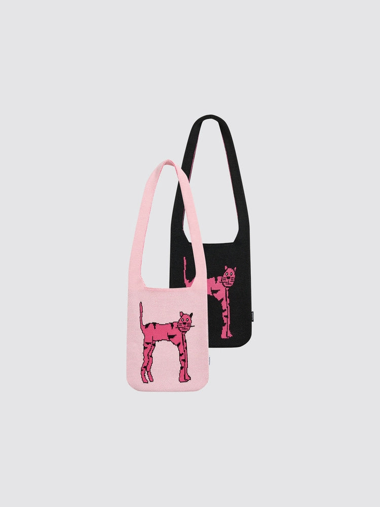 Mood Like Me Knitted Yarn Pink Cat Illustration Jacquard Crossbody Bag