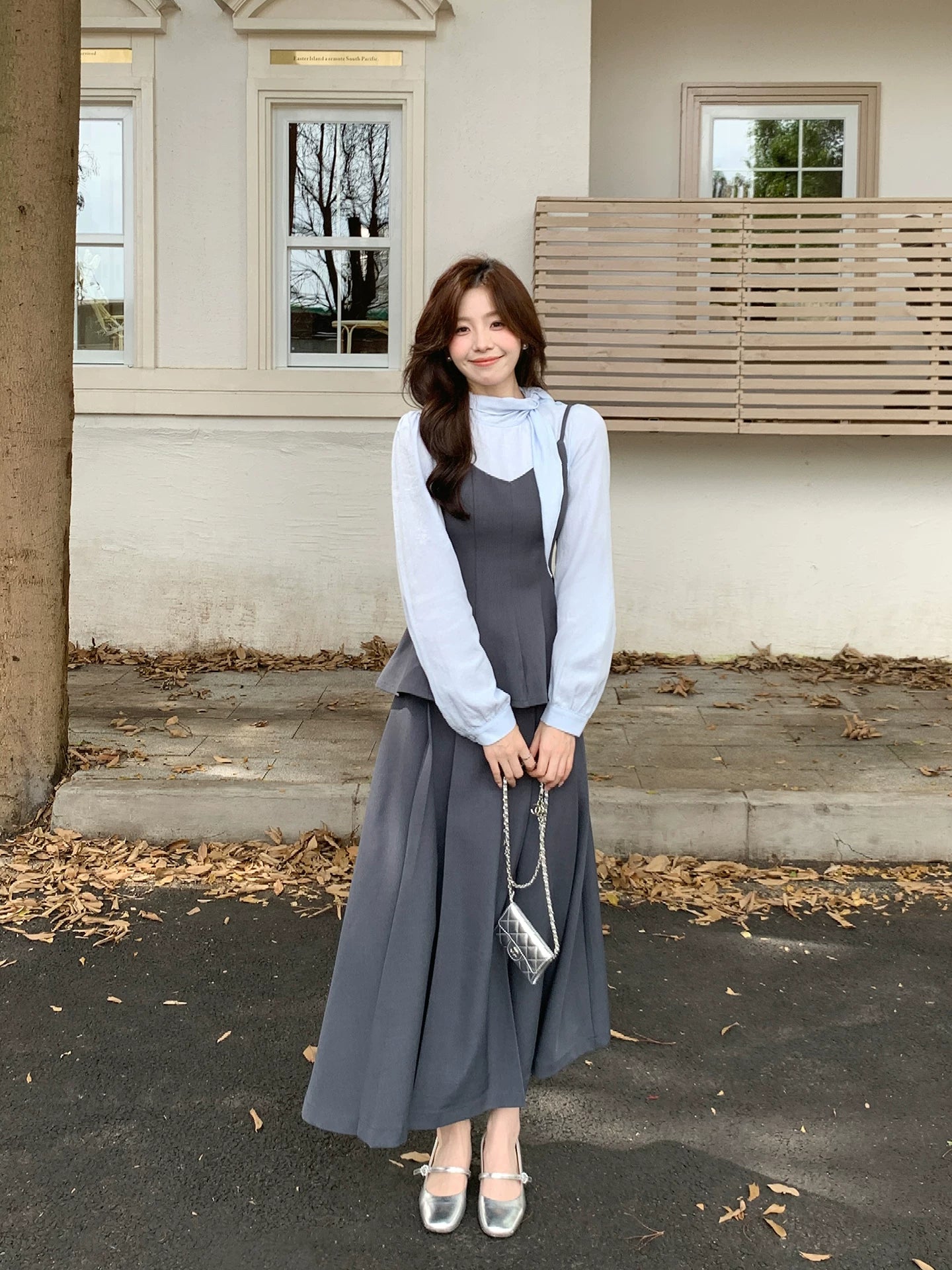 Even Fake Two-piece Suspender Waist Top + Skirt Set