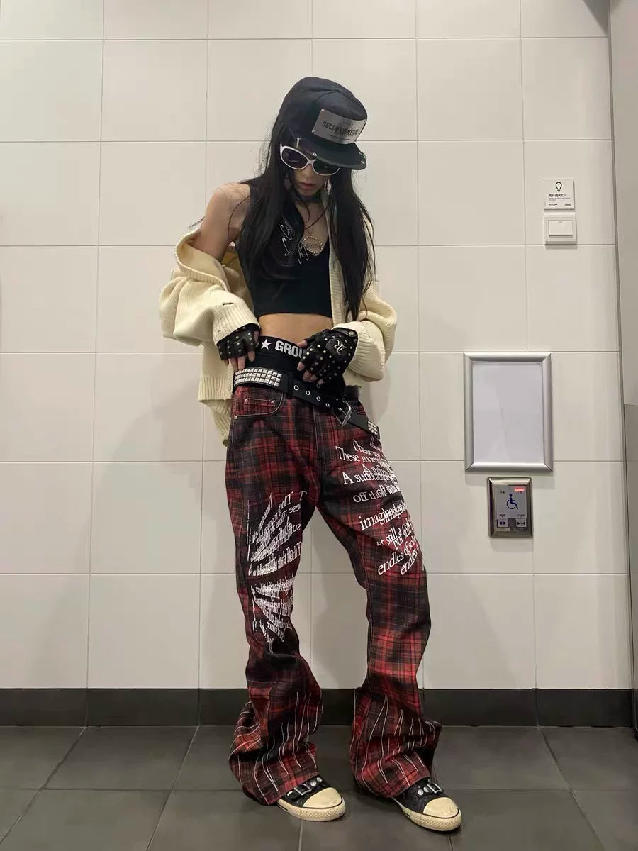 DETW Red Plaid Embroidered Scimitar Jeans