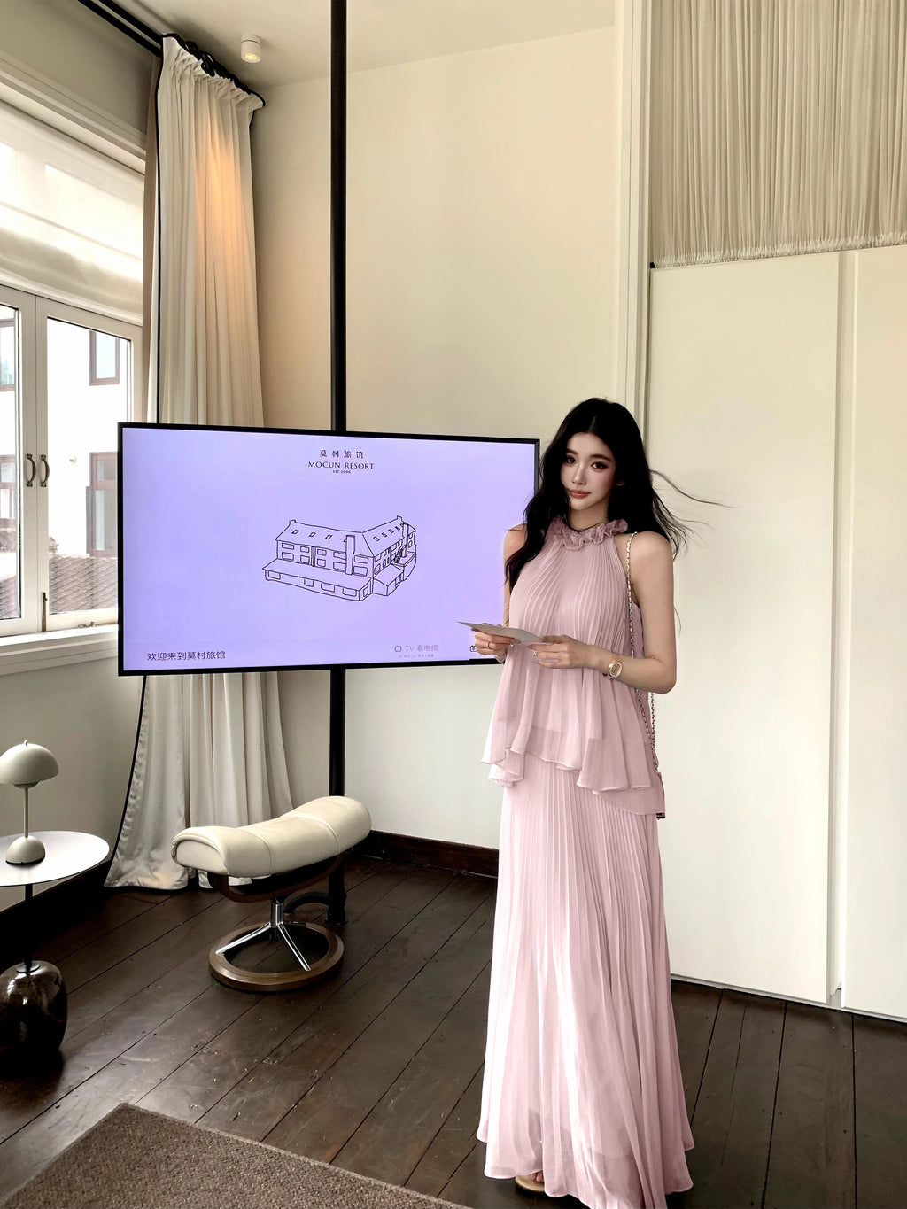 BarbChill Pleated Chiffon Neck Top Long Skirt Set