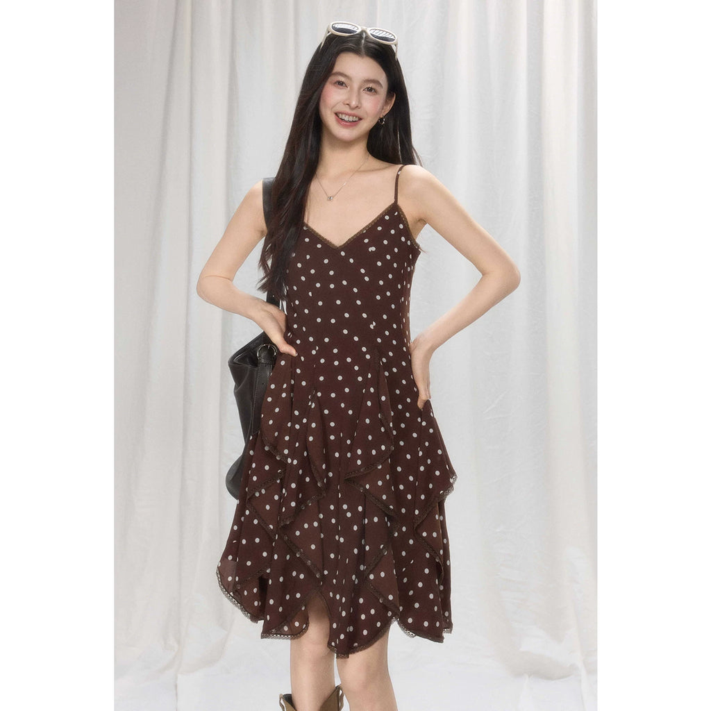 TYANG Retro Polka Dot Irregular Suspender Skirt