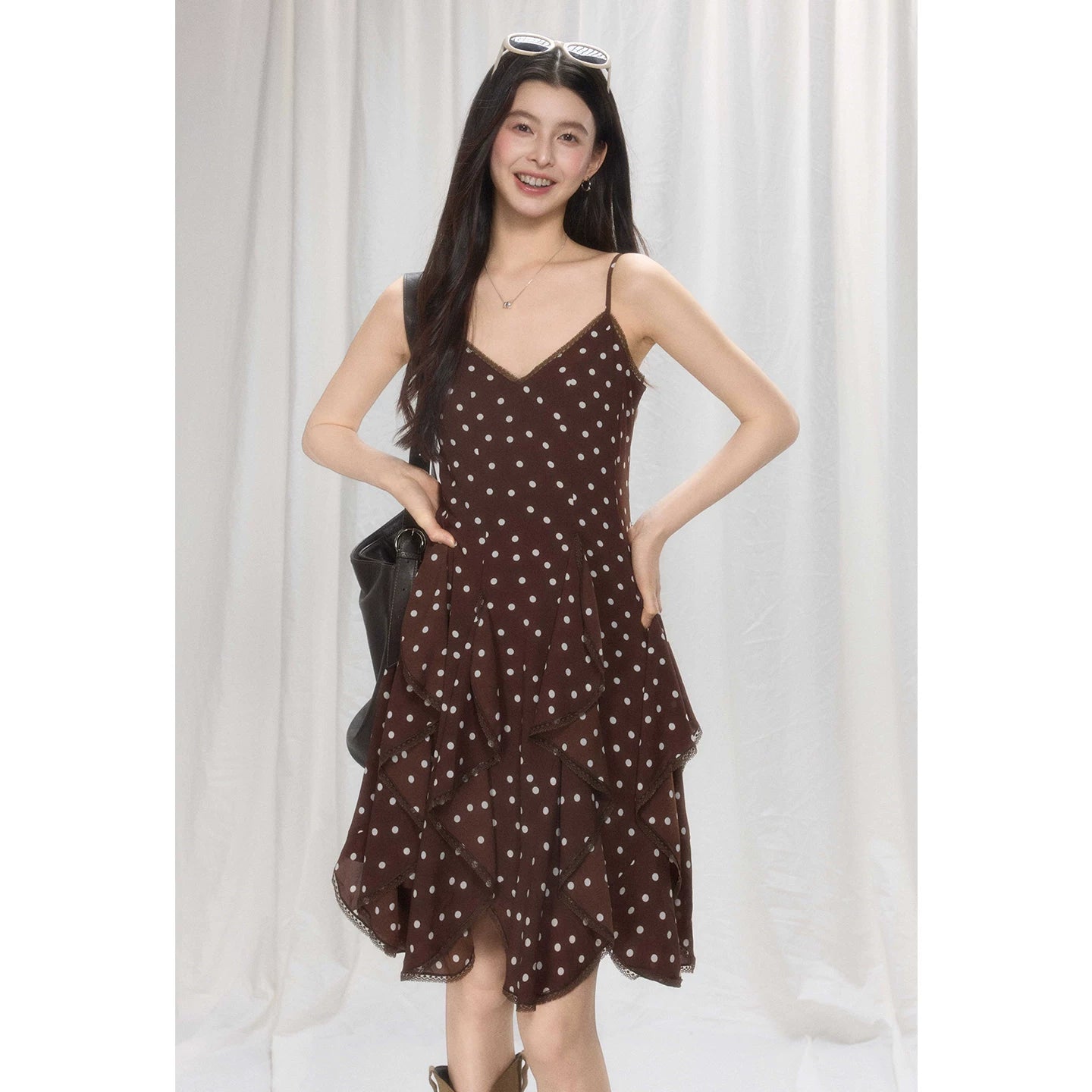 TYANG Retro Polka Dot Irregular Suspender Skirt