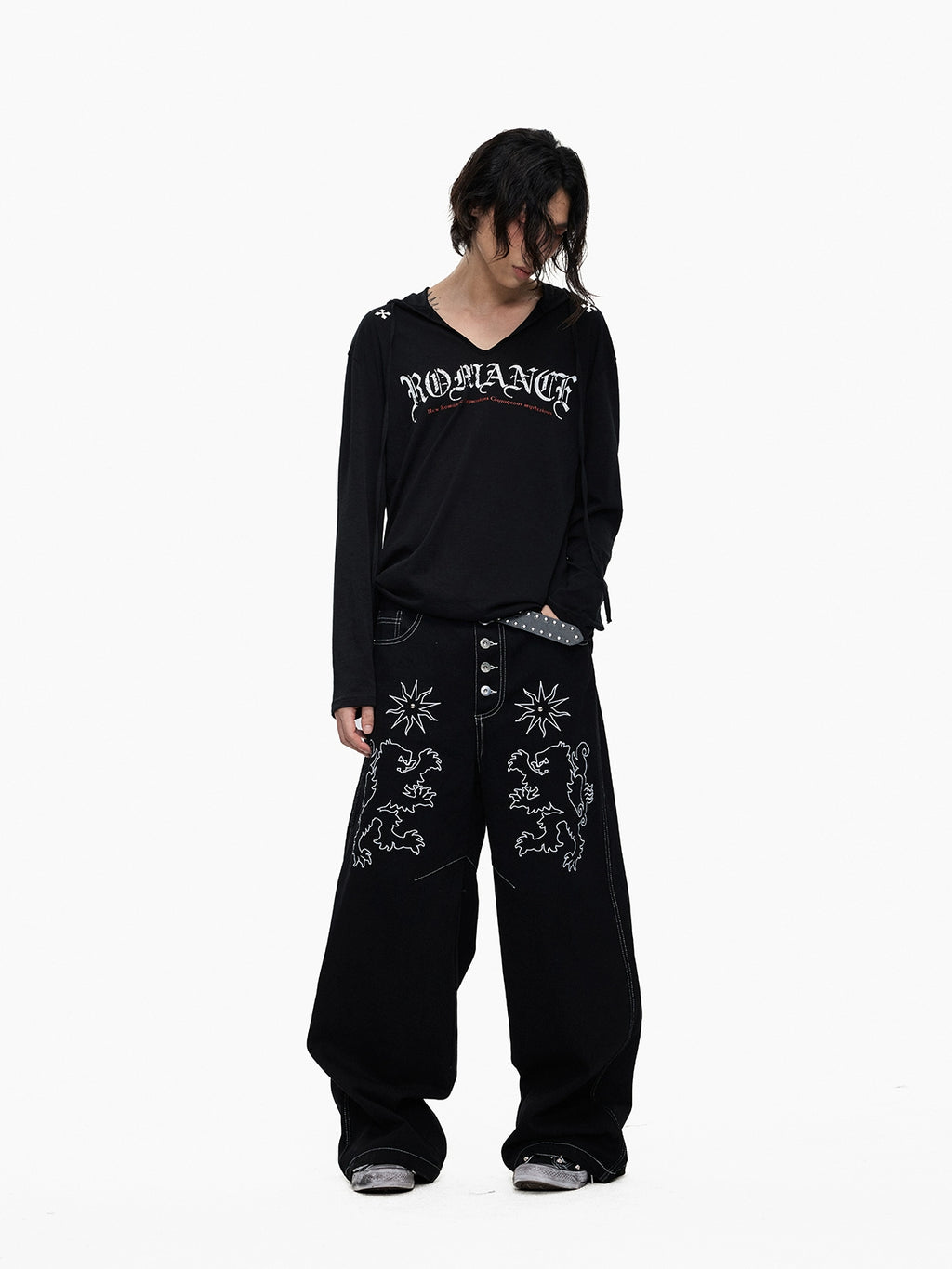 Lightinus Embroidered Breasted Wide-leg Jeans