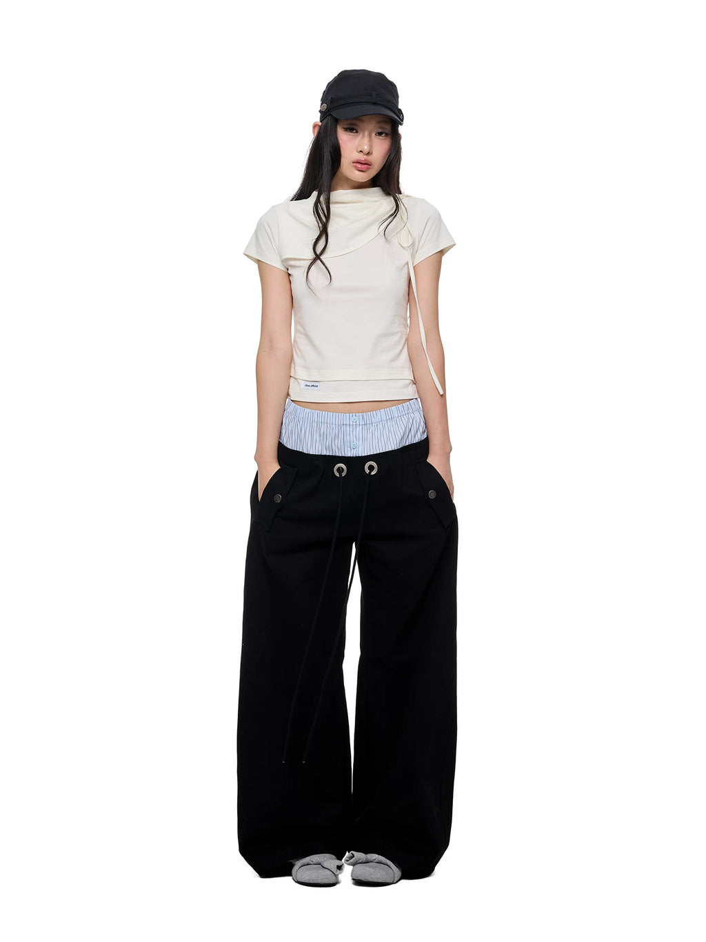 JIKOO Striped Patchwork Waistband Drawstring Work Pants