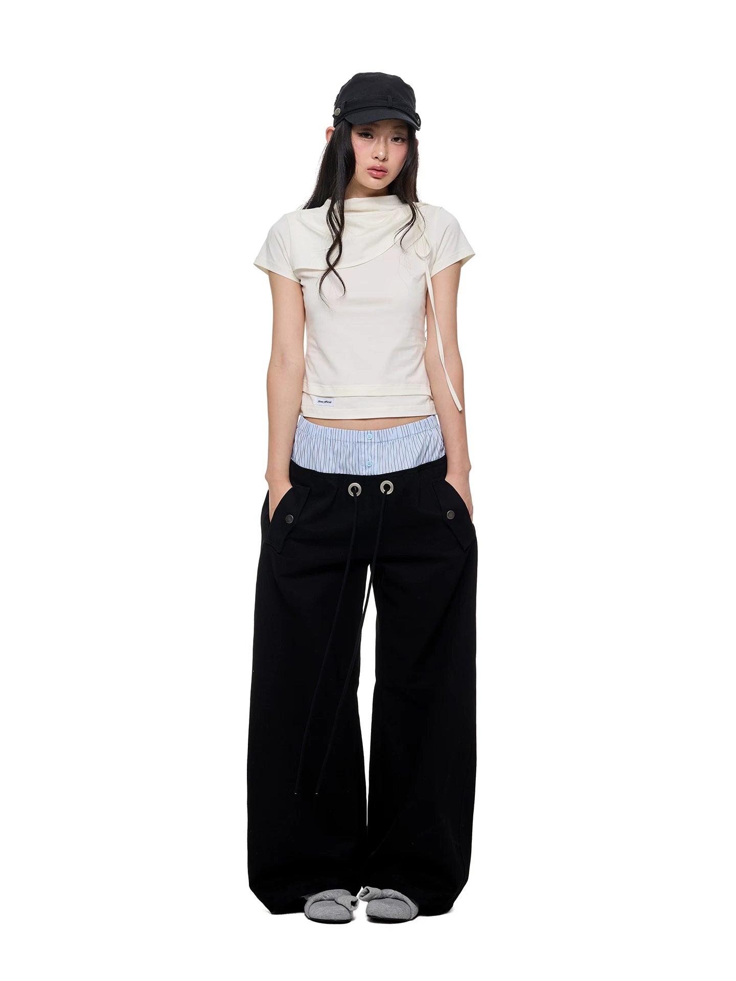 JIKOO Striped Patchwork Waistband Drawstring Work Pants