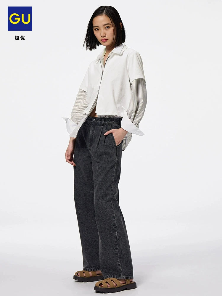 GU Denim Pleated High-waisted Loose Trousers