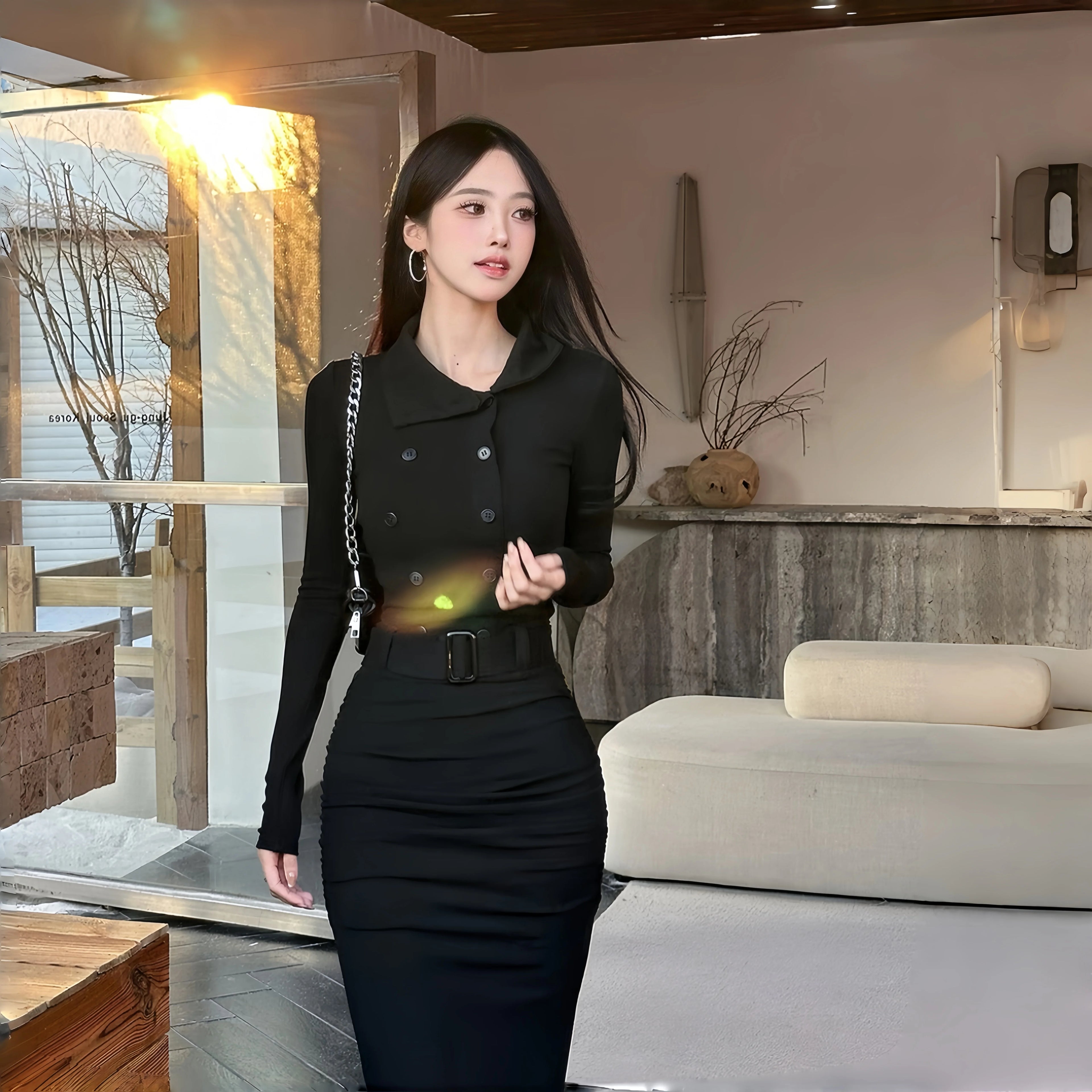 Instunning Turtleneck Long-sleeved Breasted Belt Temperament Dress