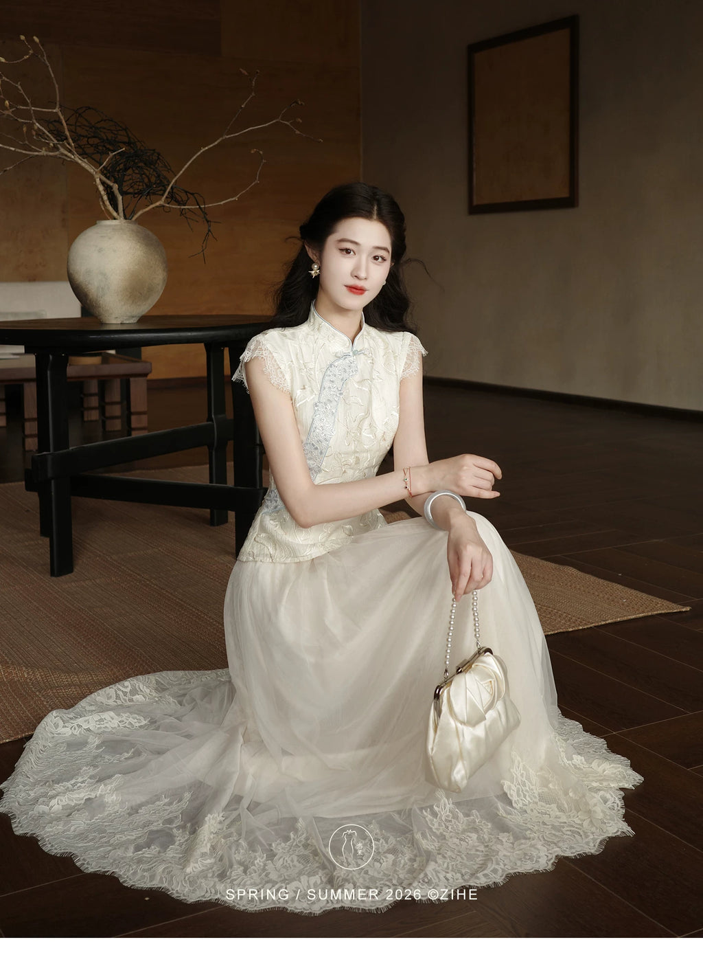ZIHE Tencel Embroidered Tee Mesh Lace Skirt Set