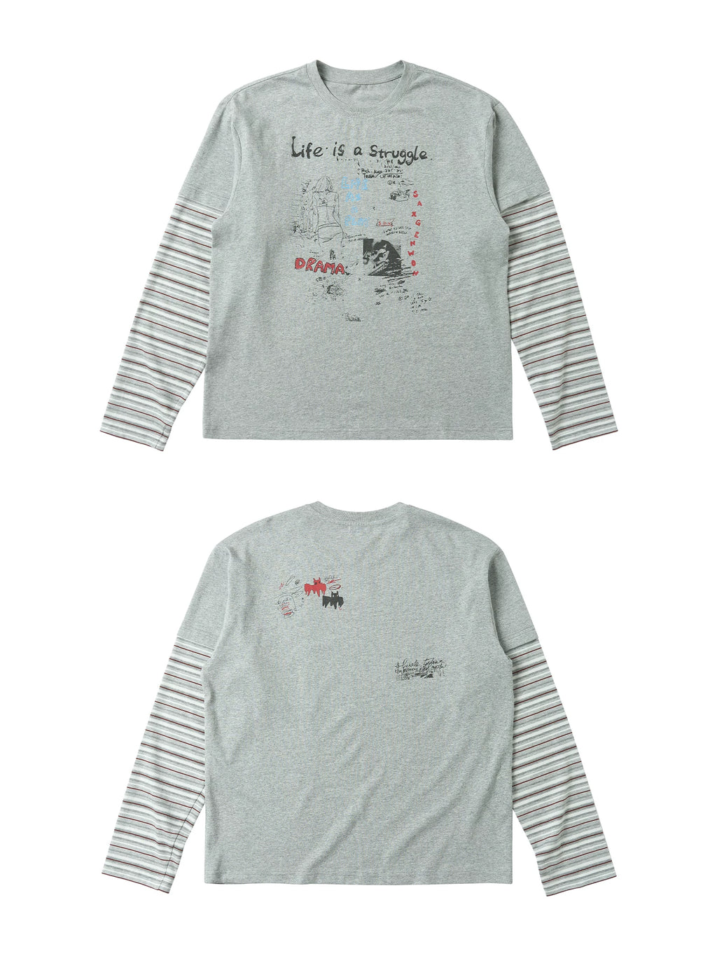 SAXGENWON Graffiti Print Striped Fake Two-piece Long Sleeve