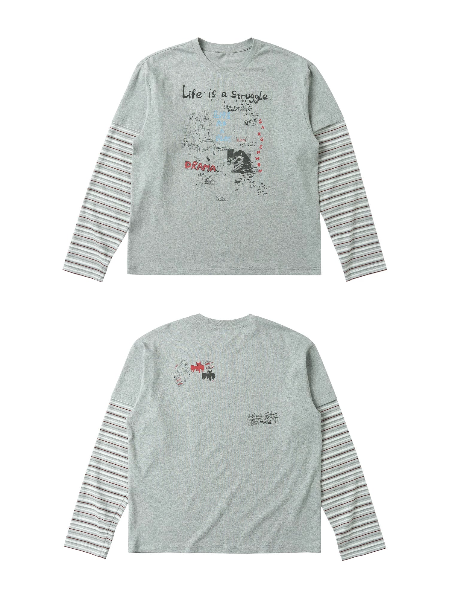 SAXGENWON Graffiti Print Striped Fake Two-piece Long Sleeve