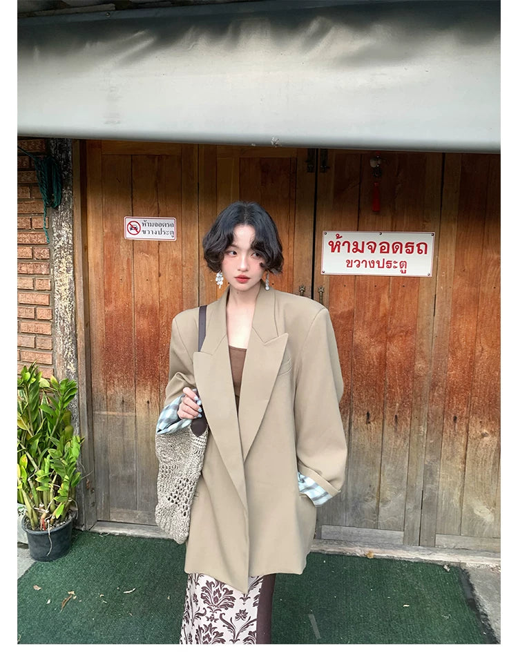 KELIFAN Retro Front Shoulder V-neck Contrasting Blazer