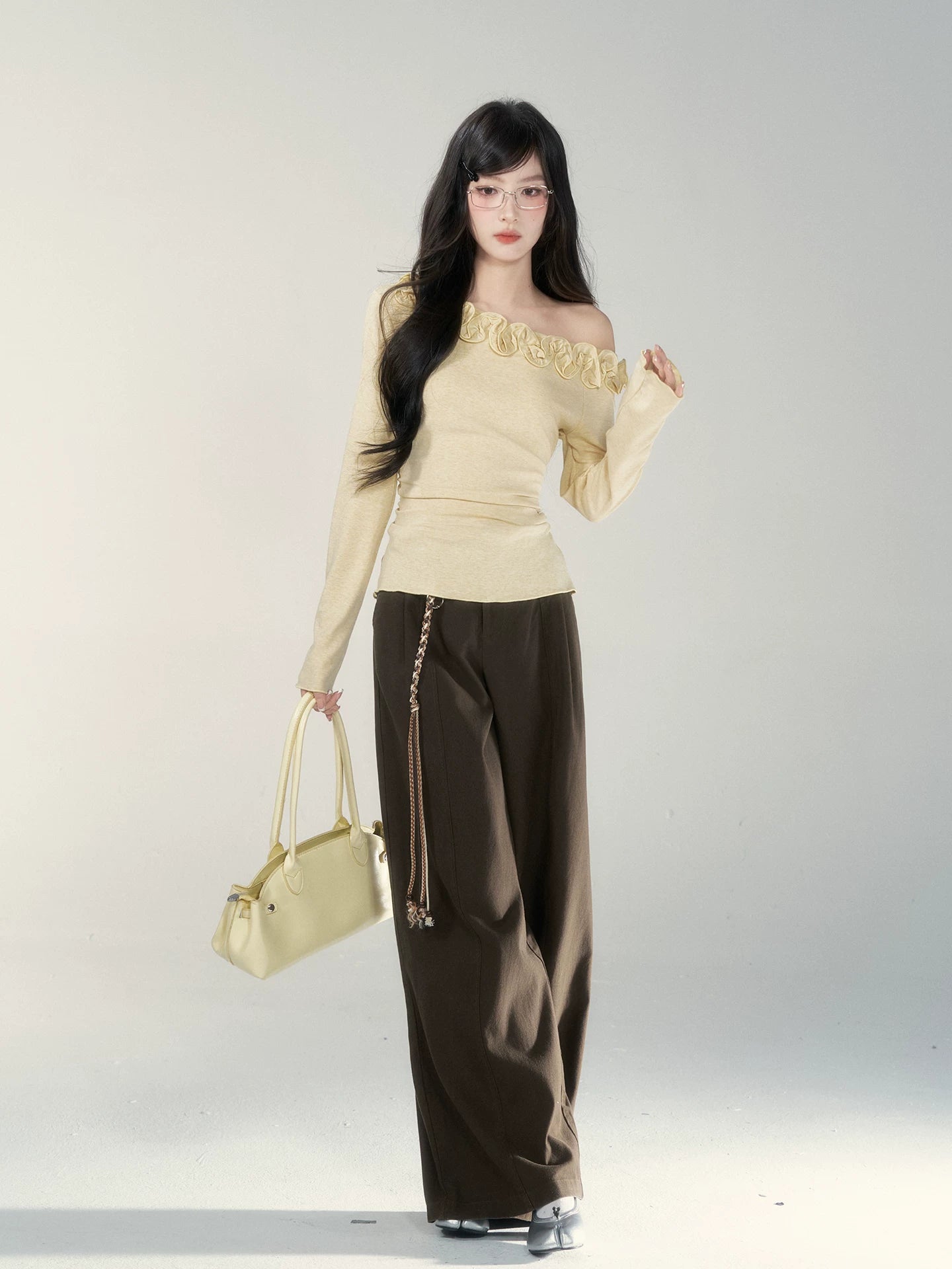 Wildberry Slant Shoulder Stand Flower Slim Knit Long Sleeve