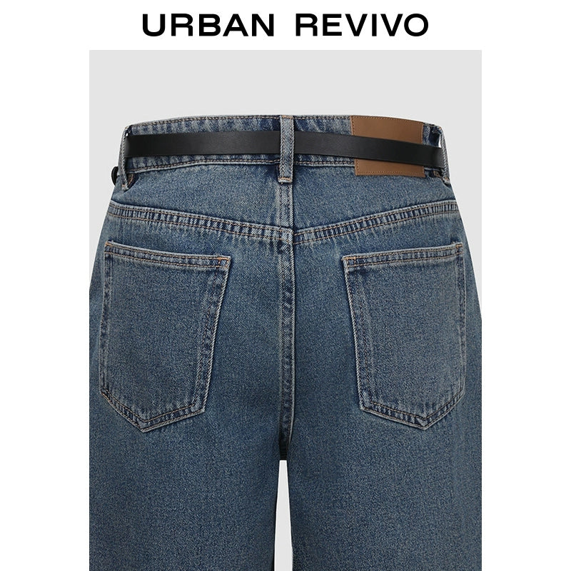 URBAN REVIVO Cat Whisker Washed Belt Denim Shorts