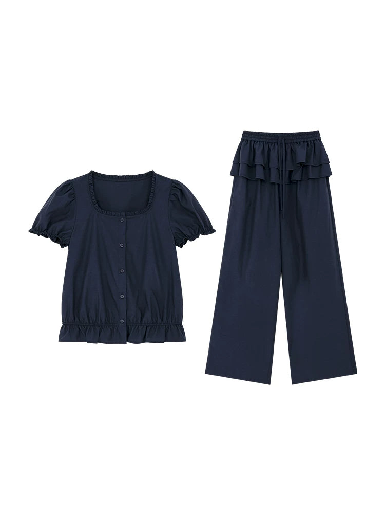 KANO Bubble Sleeve Waist Top Casual Pants Set