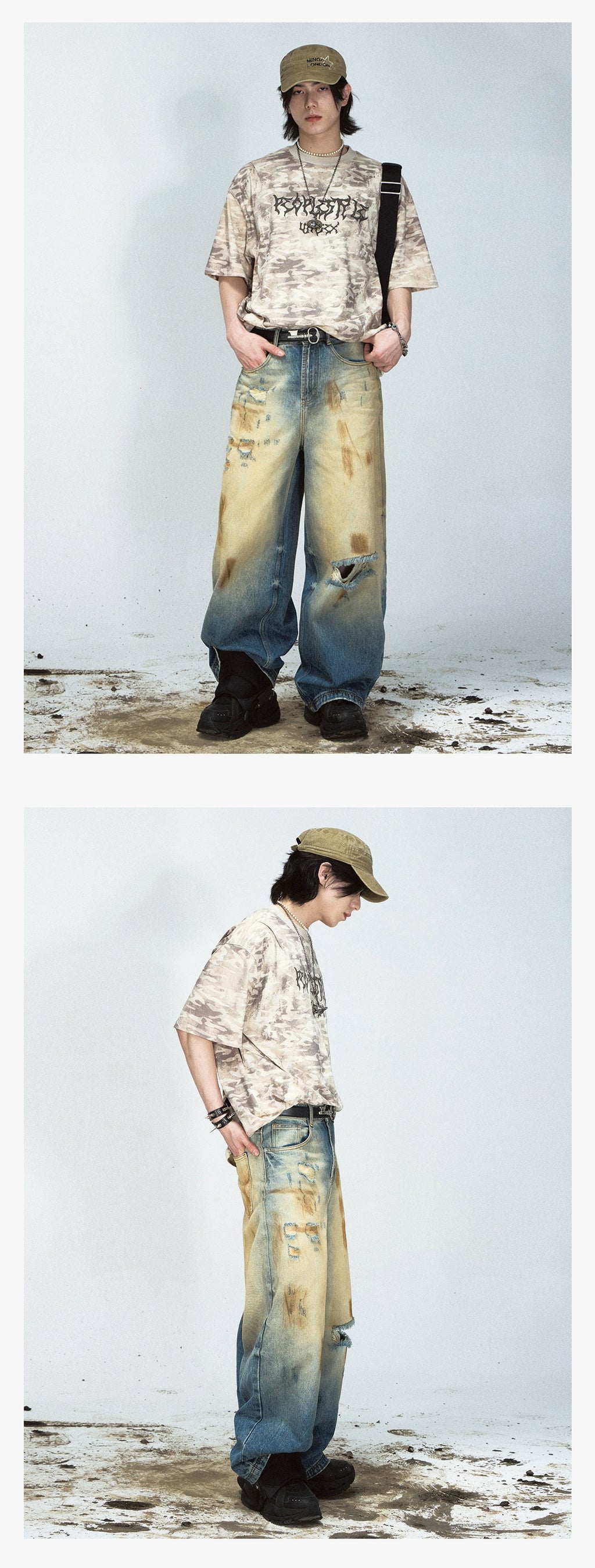 PEOPLESTYLE Yellow Mud-dyed Ripped Straight Jeans