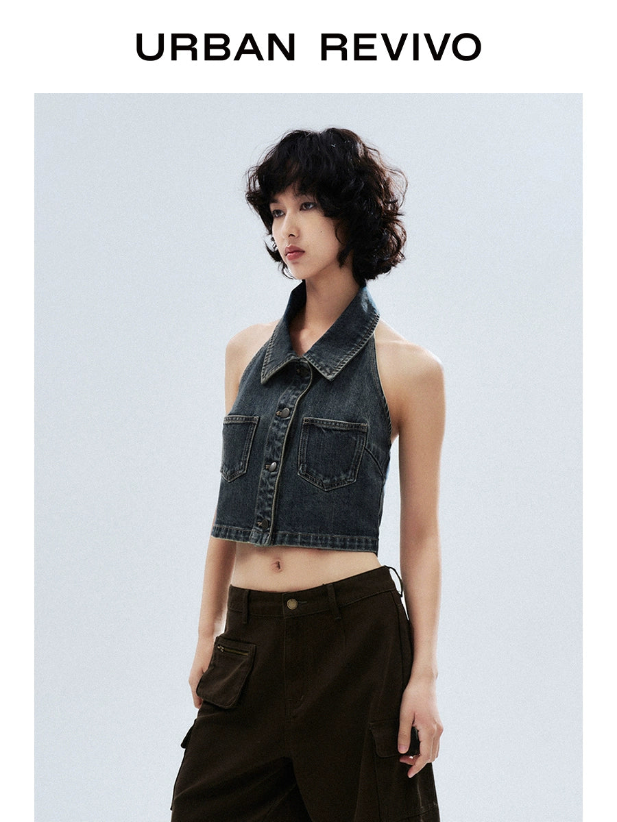 URBAN REVIVO Neck Halter Sleeveless Denim Shirt