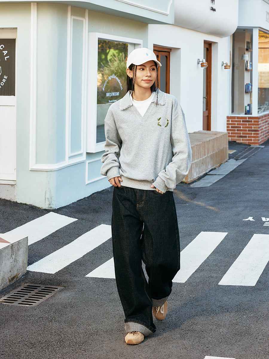 Harshandcruel Korean navy blue waffle V-neck college style lace edge loose seagull neck polo shirt