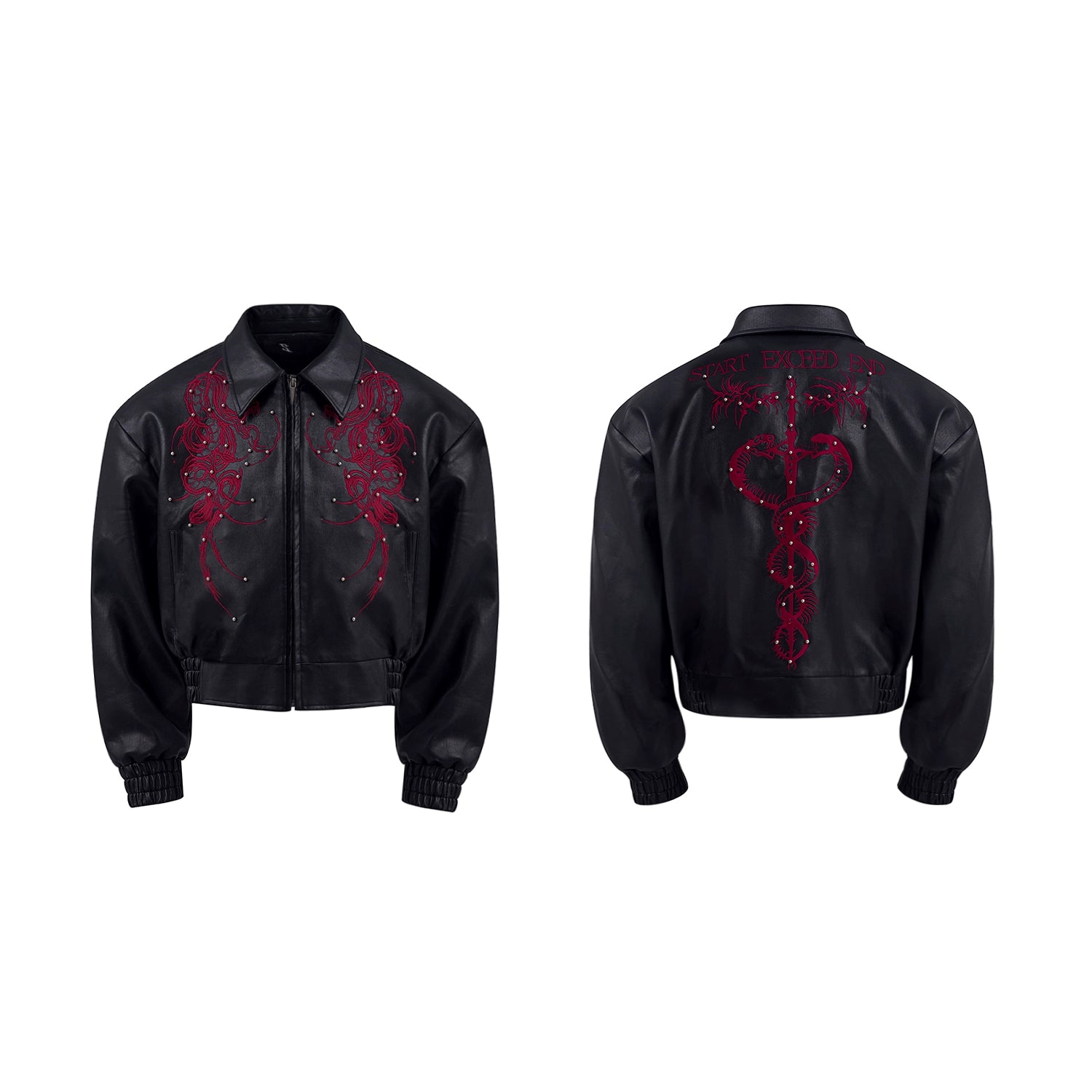 STARTEXCEEDEND Bramble Embroidered Short Leather Jacket