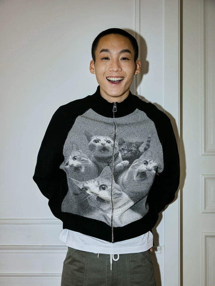 MoodLikeMe Cat Jacquard Ragged Lapel Cardigan Sweater
