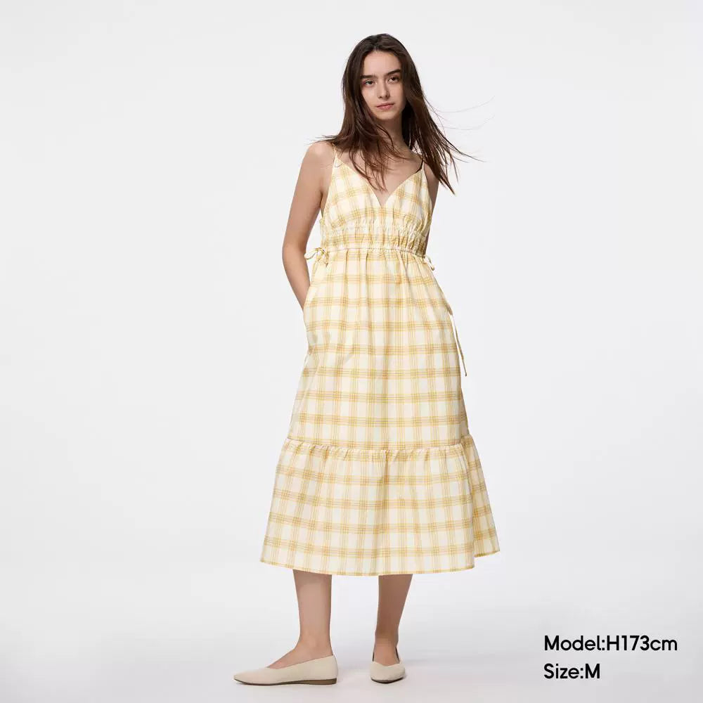 GU Plaid Suspender Dress V-neck Bow
