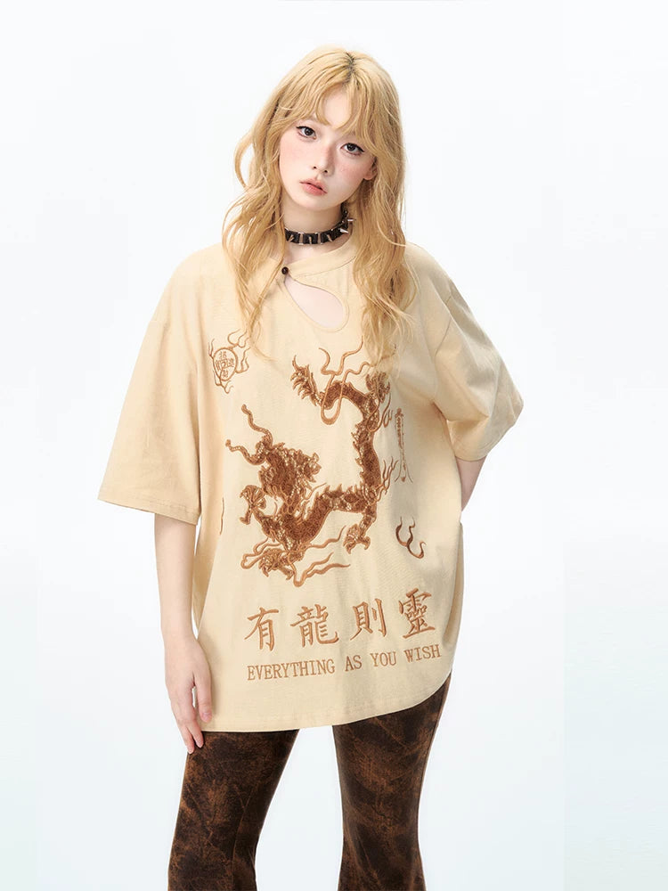 YEDM Embroidery Loose Round Neck Tee