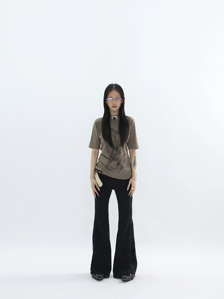 FUZZYKON Pocket Embroidered Slim-fit Stretch Denim Flared Pants